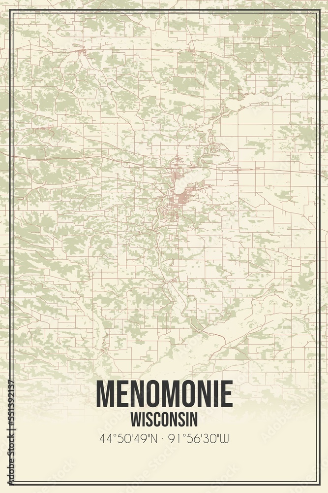 Retro US city map of Menomonie, Wisconsin. Vintage street map.