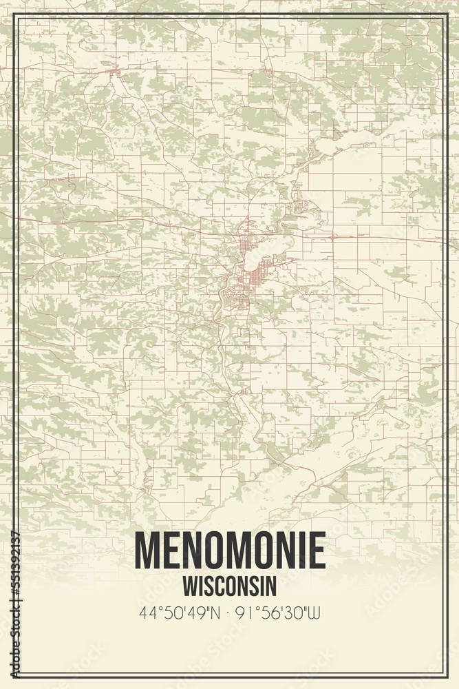 Obraz premium Retro US city map of Menomonie, Wisconsin. Vintage street map.