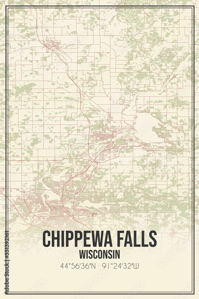 Fototapeta premium Retro US city map of Chippewa Falls, Wisconsin. Vintage street map.