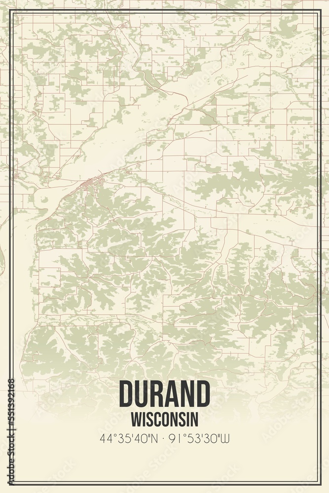 Retro US city map of Durand, Wisconsin. Vintage street map.