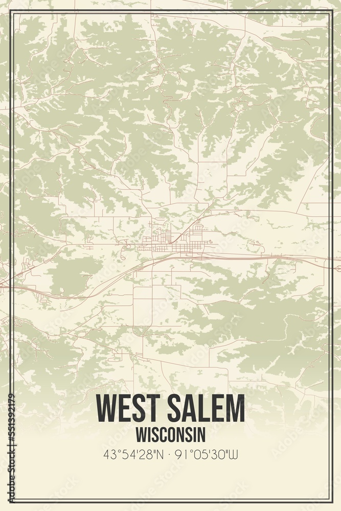Retro US city map of West Salem, Wisconsin. Vintage street map.