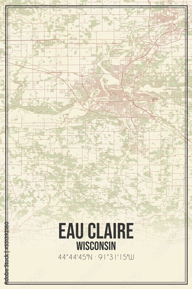 Retro US city map of Eau Claire, Wisconsin. Vintage street map.