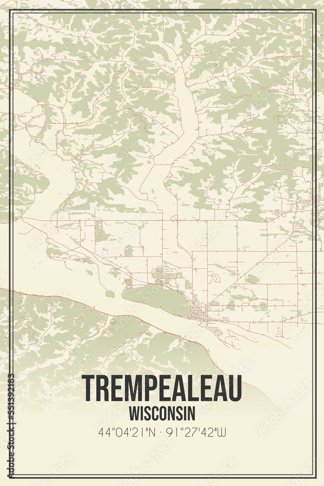 Retro US city map of Trempealeau, Wisconsin. Vintage street map.
