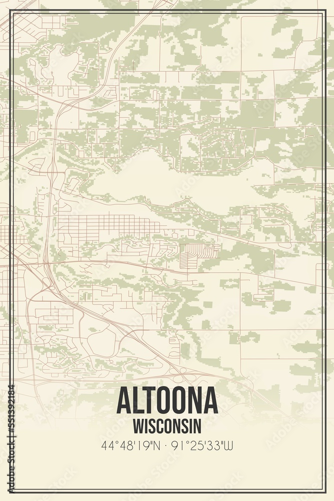 Retro US city map of Altoona, Wisconsin. Vintage street map.