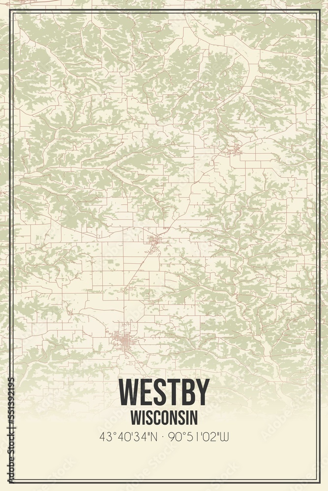 Retro US city map of Westby, Wisconsin. Vintage street map.