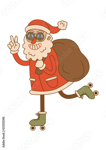 Comic character of a groovy Santa Claus roller skating with bag in trendy cartoon style on isolated background. For card, poster, print.