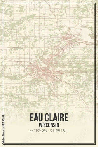 Retro US city map of Eau Claire, Wisconsin. Vintage street map.