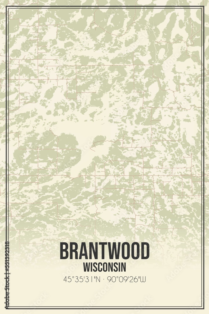 Retro US city map of Brantwood, Wisconsin. Vintage street map.