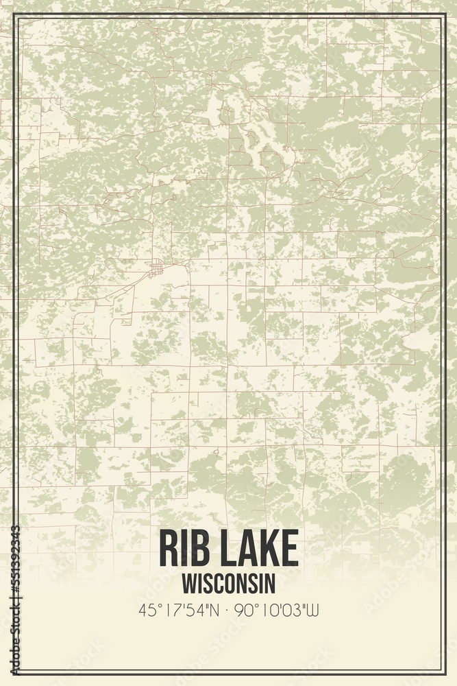 Retro US city map of Rib Lake, Wisconsin. Vintage street map.