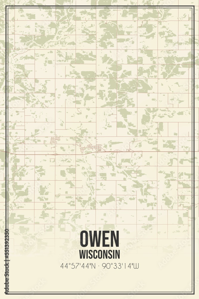 Retro US city map of Owen, Wisconsin. Vintage street map.