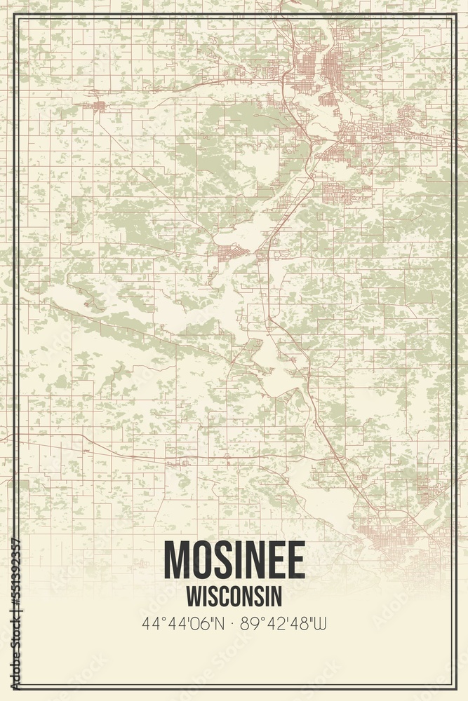 Retro US city map of Mosinee, Wisconsin. Vintage street map.