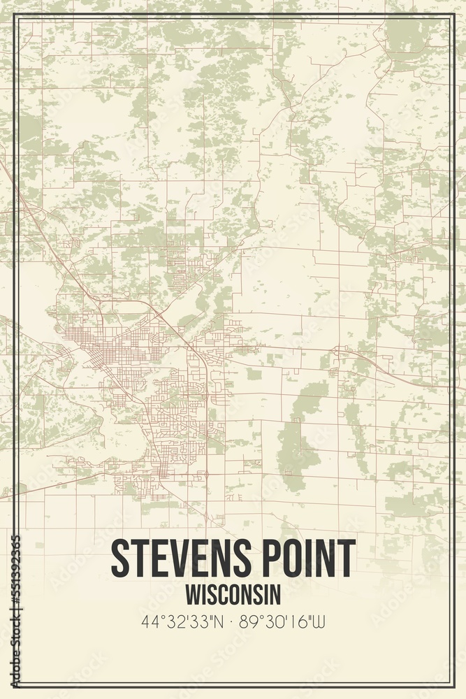Retro US city map of Stevens Point, Wisconsin. Vintage street map.