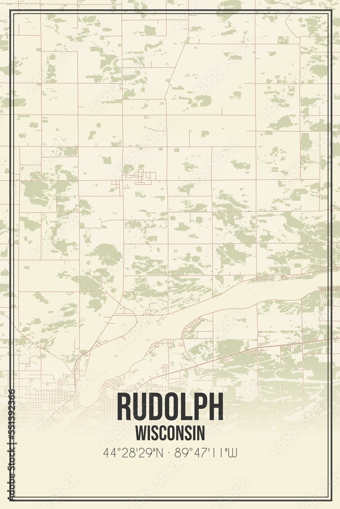 Retro US city map of Rudolph, Wisconsin. Vintage street map.