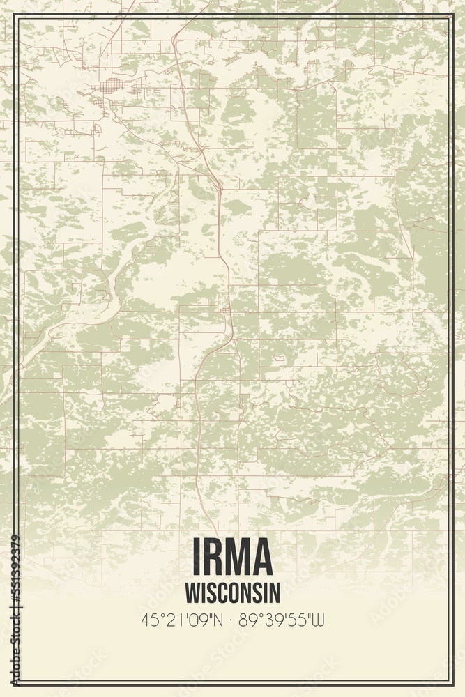 Retro US city map of Irma, Wisconsin. Vintage street map.