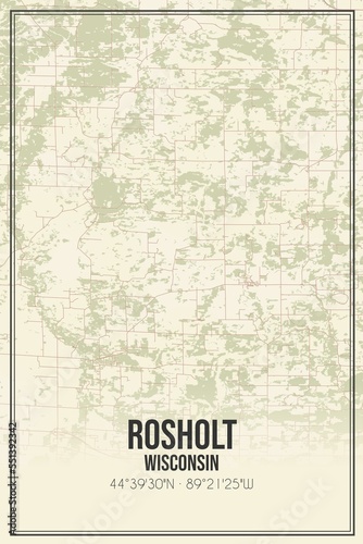 Fototapeta Naklejka Na Ścianę i Meble -  Retro US city map of Rosholt, Wisconsin. Vintage street map.
