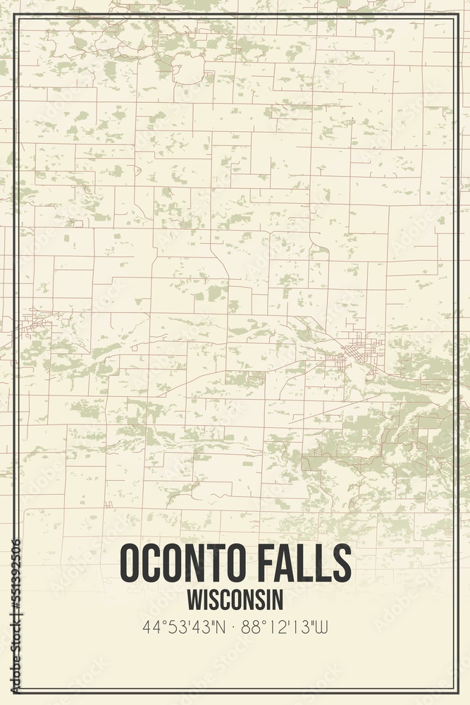 Retro US city map of Oconto Falls, Wisconsin. Vintage street map.