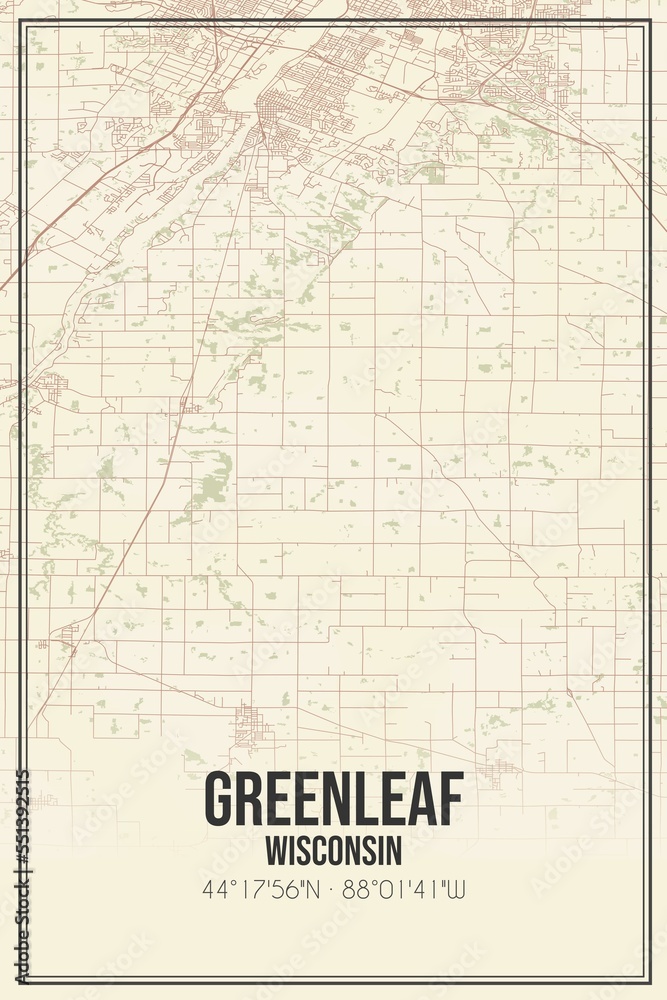 Retro US city map of Greenleaf, Wisconsin. Vintage street map.