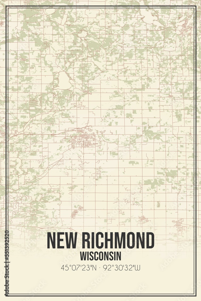 Retro US city map of New Richmond, Wisconsin. Vintage street map. Stock ...