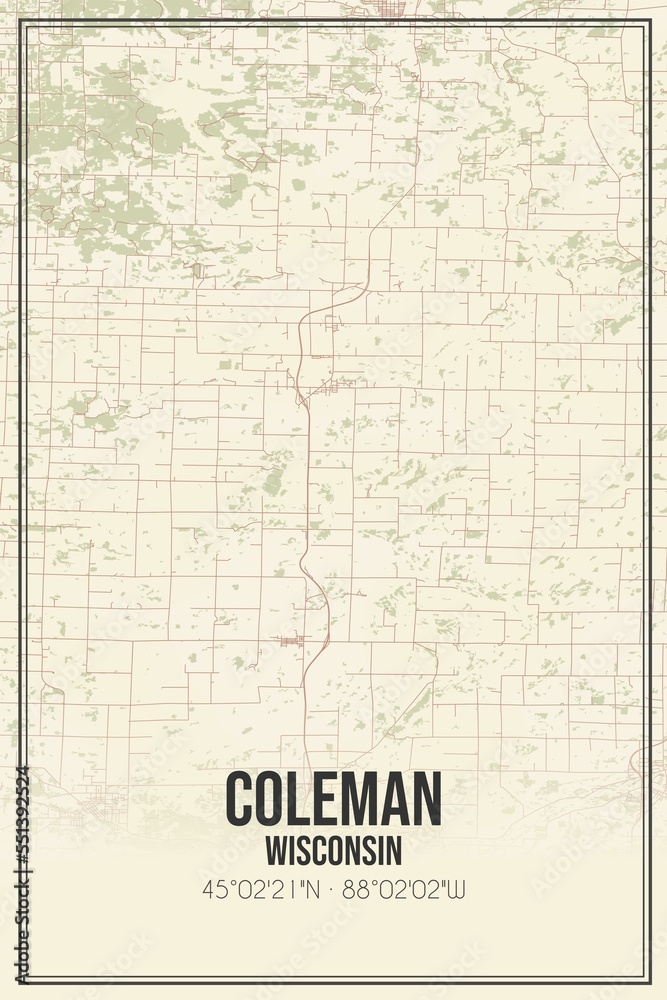 Retro US city map of Coleman, Wisconsin. Vintage street map.