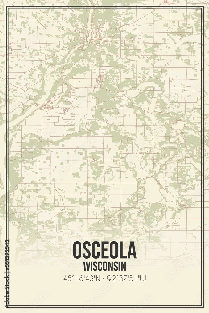 Retro US city map of Osceola, Wisconsin. Vintage street map.