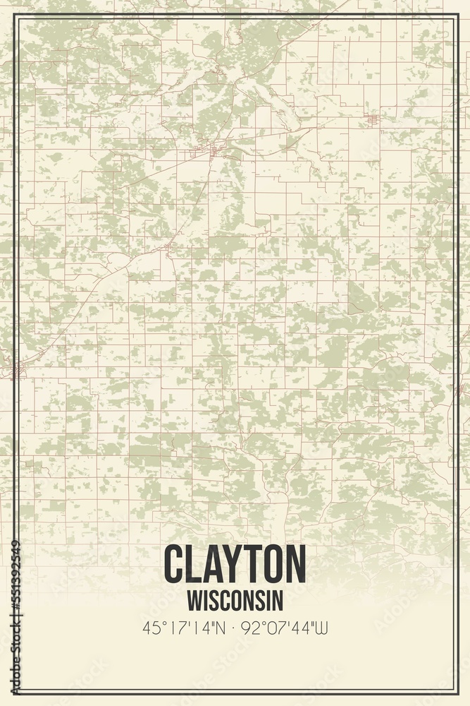 Retro US city map of Clayton, Wisconsin. Vintage street map.