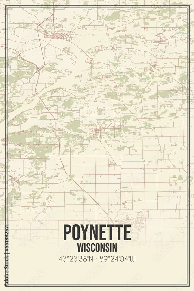 Retro US city map of Poynette, Wisconsin. Vintage street map.