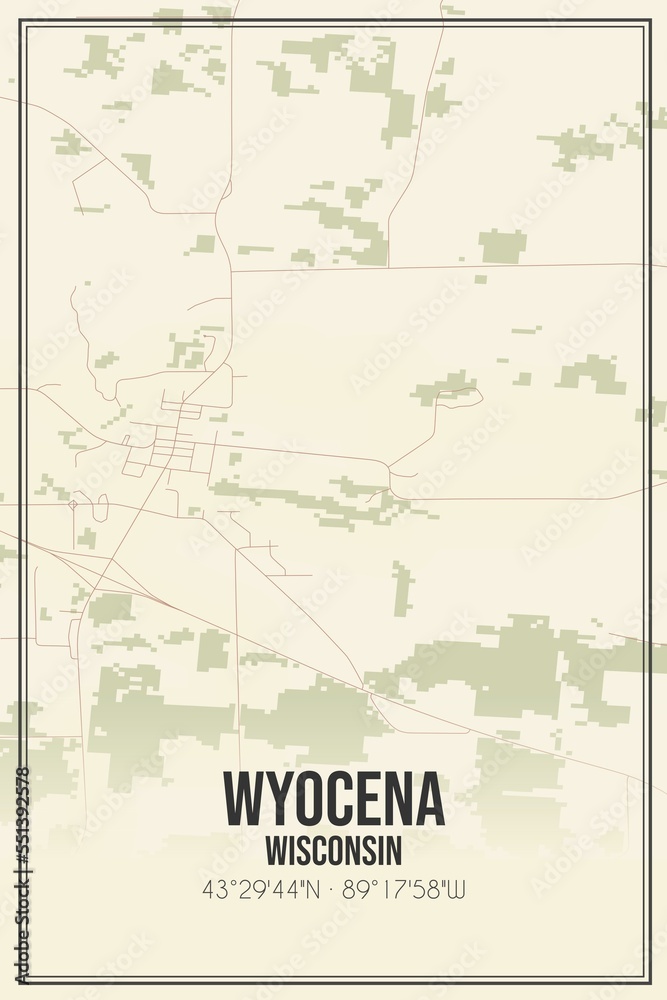 Retro US city map of Wyocena, Wisconsin. Vintage street map.
