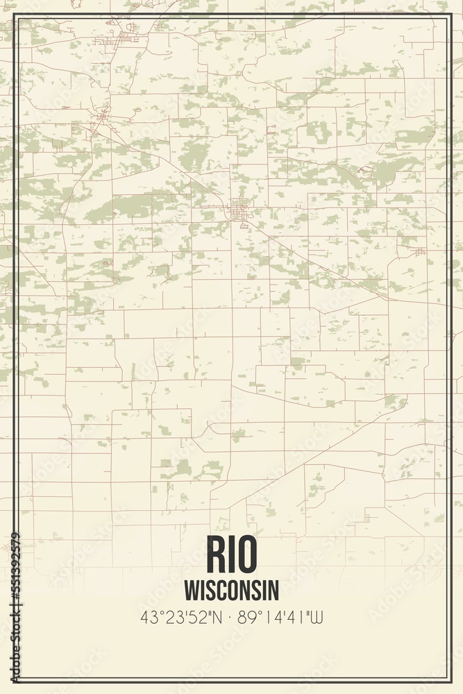 Retro US city map of Rio, Wisconsin. Vintage street map.