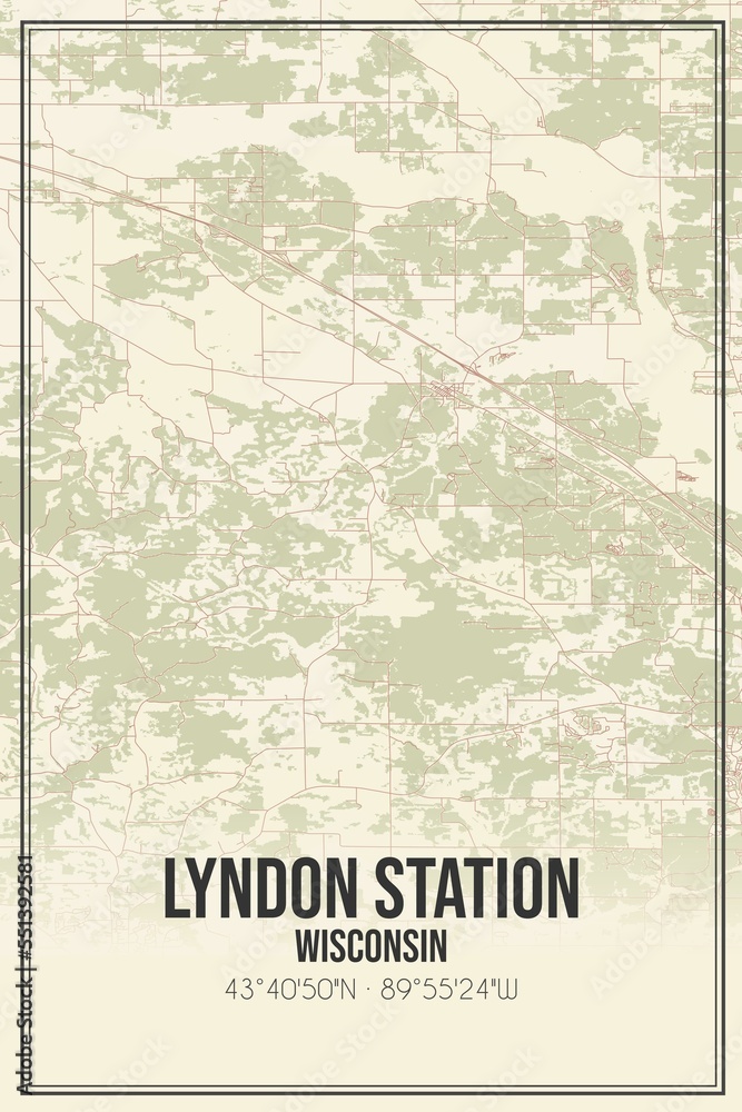 Retro US city map of Lyndon Station, Wisconsin. Vintage street map.