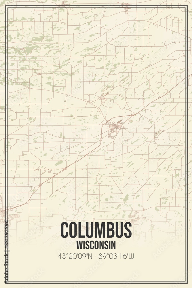 Retro US city map of Columbus, Wisconsin. Vintage street map.
