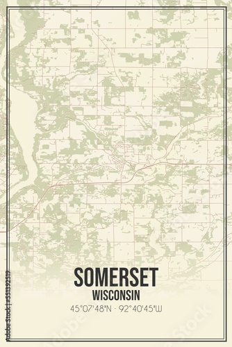Fototapeta Naklejka Na Ścianę i Meble -  Retro US city map of Somerset, Wisconsin. Vintage street map.