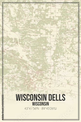 Fototapeta Naklejka Na Ścianę i Meble -  Retro US city map of Wisconsin Dells, Wisconsin. Vintage street map.