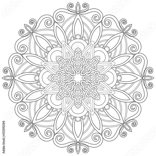 Colouring page, hand drawn, vector. Mandala 127, ethnic, swirl pattern, object isolated on white background.