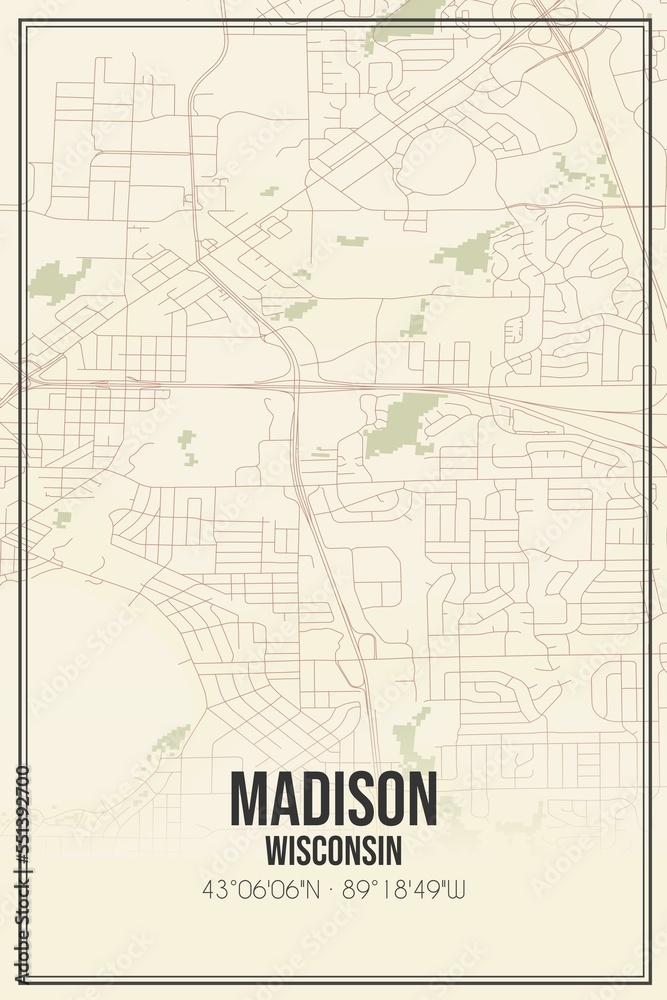 Retro US city map of Madison, Wisconsin. Vintage street map.
