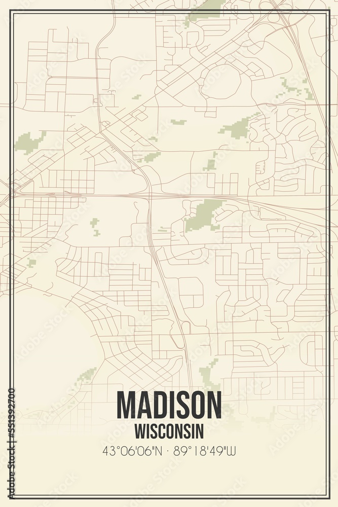 Fototapeta premium Retro US city map of Madison, Wisconsin. Vintage street map.