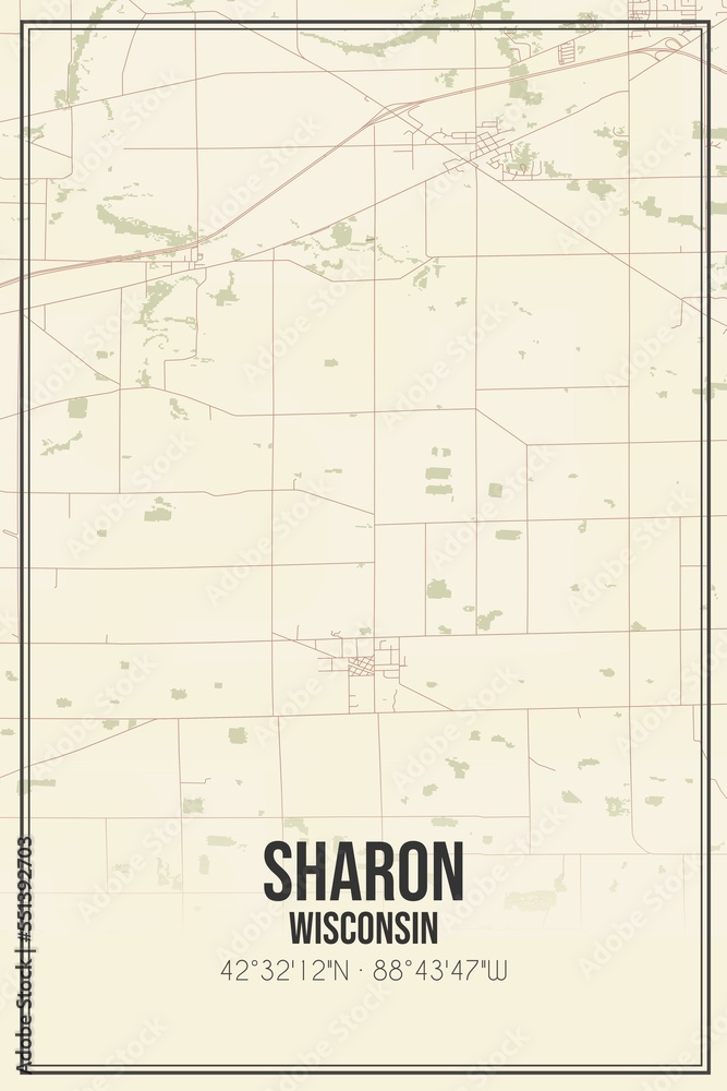 Retro US city map of Sharon, Wisconsin. Vintage street map.