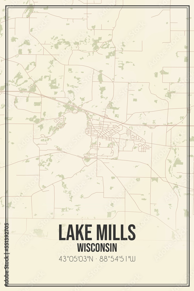 Retro US city map of Lake Mills, Wisconsin. Vintage street map. Retro US city map of Lake Mills, Wisconsin. Vintage street map.