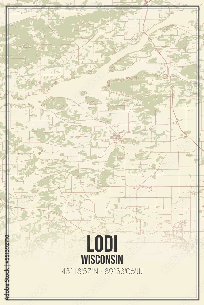 Retro US city map of Lodi, Wisconsin. Vintage street map.