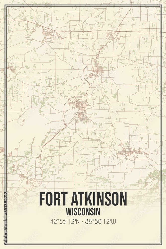 Retro US city map of Fort Atkinson, Wisconsin. Vintage street map.