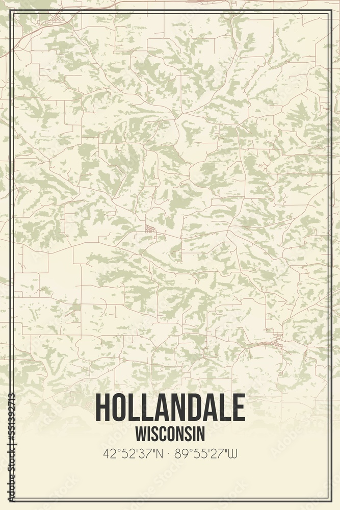 Retro US city map of Hollandale, Wisconsin. Vintage street map.
