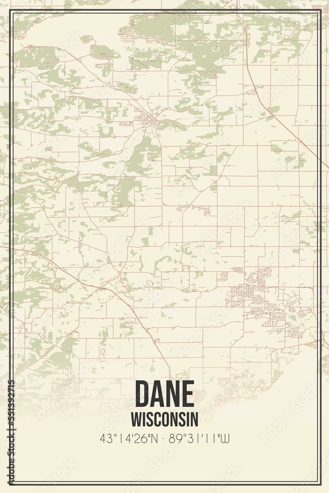 Retro US city map of Dane, Wisconsin. Vintage street map.