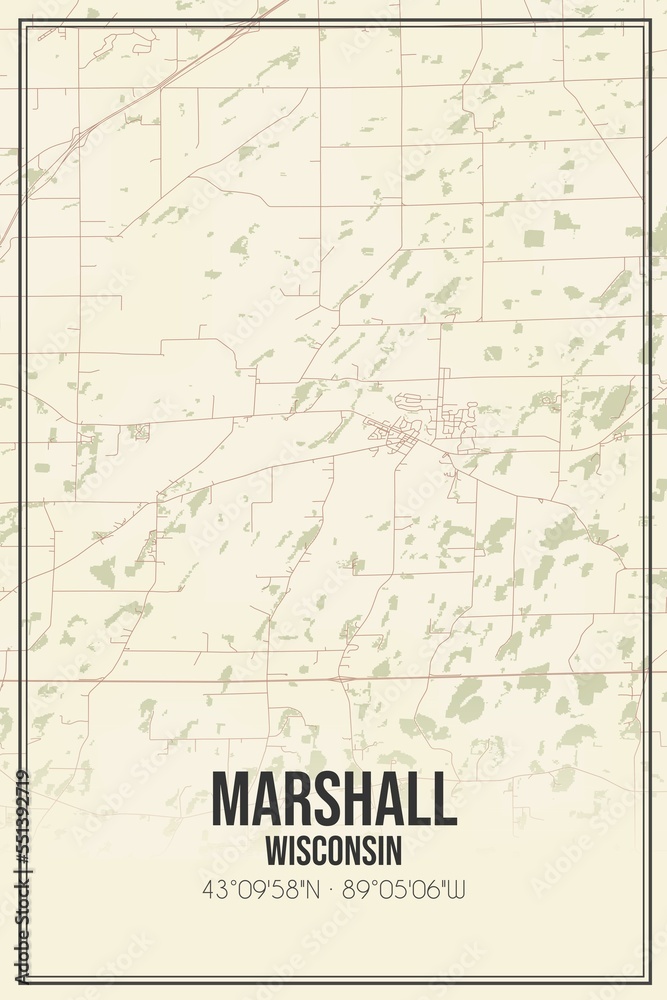 Retro US city map of Marshall, Wisconsin. Vintage street map.