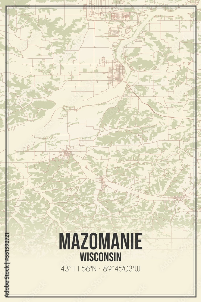 Retro US city map of Mazomanie, Wisconsin. Vintage street map.