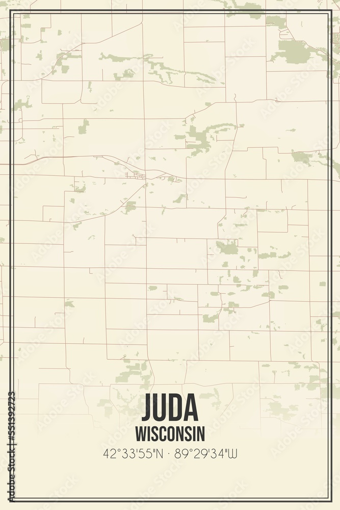 Retro US city map of Juda, Wisconsin. Vintage street map.