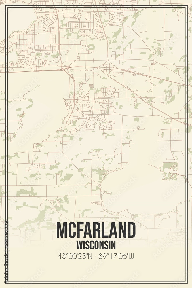 Retro US city map of Mcfarland, Wisconsin. Vintage street map.