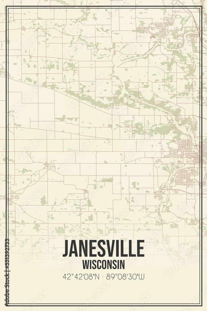 Retro US city map of Janesville, Wisconsin. Vintage street map.