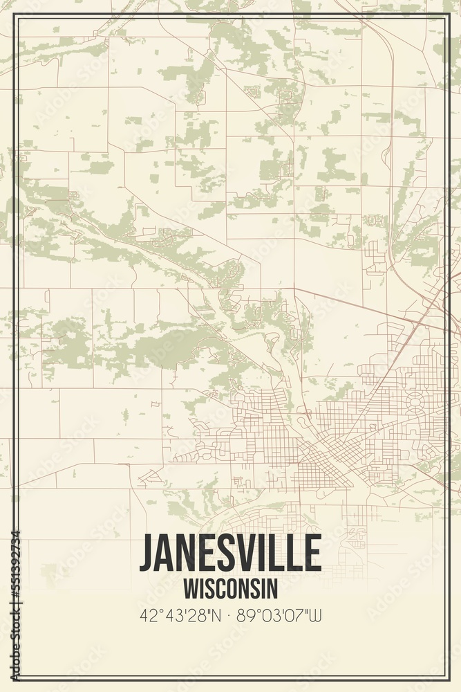 Retro US city map of Janesville, Wisconsin. Vintage street map.