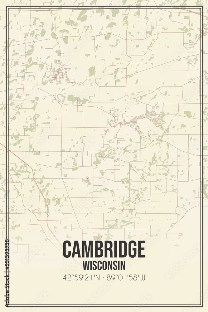 Retro US city map of Cambridge, Wisconsin. Vintage street map.