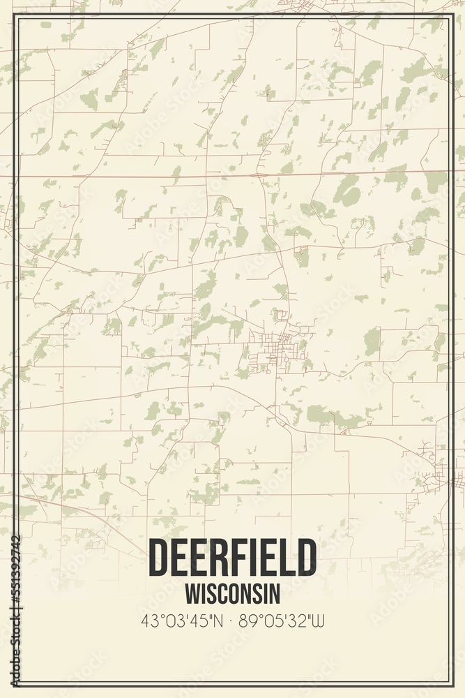 Retro US city map of Deerfield, Wisconsin. Vintage street map.