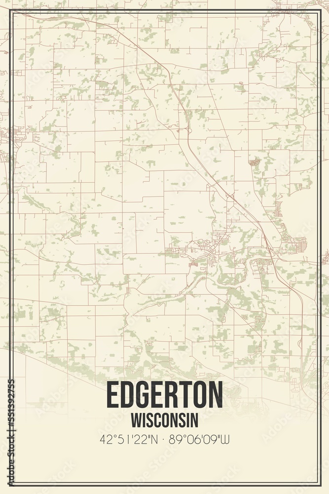Retro US city map of Edgerton, Wisconsin. Vintage street map.